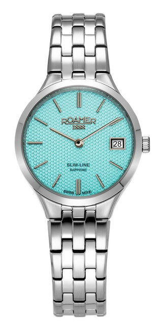 ROAMER WATCH [512857 41 05 20], Silver stainless steel watch with a turquoise textured dial, date display, and classic analog design.