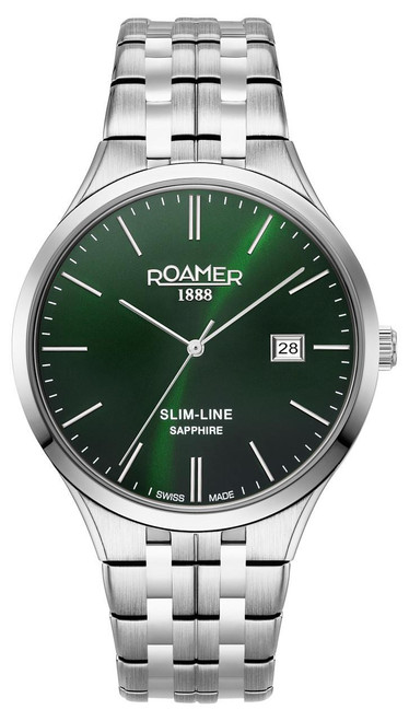 Roamer Watch [512833 41 75 20], silver stainless steel band and case with green dial, date display, and Swiss made label.