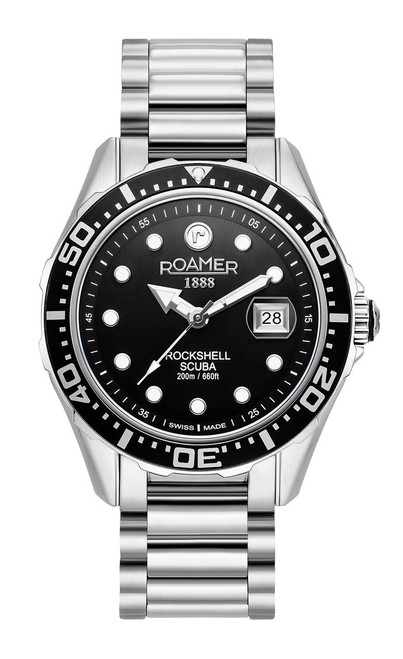 Roamer Watch, stainless steel diver's watch with black dial, luminous hour markers, rotating bezel, date display, and integrated metal bracelet.
