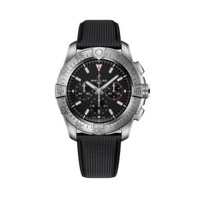 BREITLING [EB0148101B1X1], men's luxury wristwatch with a black dial, chronograph features, stainless steel case, and black textured strap.