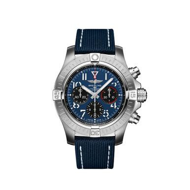 BREITLING AB01821A1C1X2, men's luxury chronograph watch with a blue dial, stainless steel case, and a blue fabric strap.