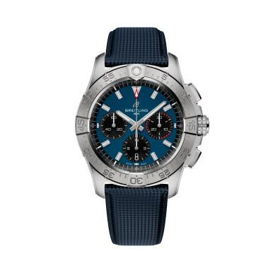 BREITLING [AB0146101C1A1], men's chronograph wristwatch with a blue dial, three subdials, stainless steel case, and blue textured strap.