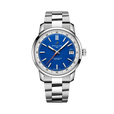 BREITLING [AB3113A71C1A1], stainless steel men's watch with blue dial, date display, and chronograph features.