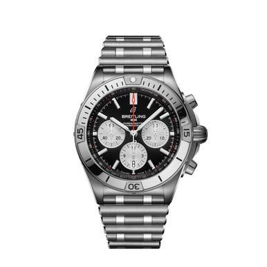 BREITLING AB0134101B1A1, stainless steel men's chronograph watch with black dial, silver subdials, and a matching stainless steel bracelet