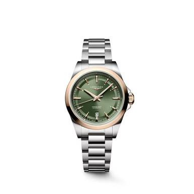 LONGINES Sport Conquest [L3.320.5.02.6], a luxury wristwatch with a silver metal band and a green dial with gold accents.