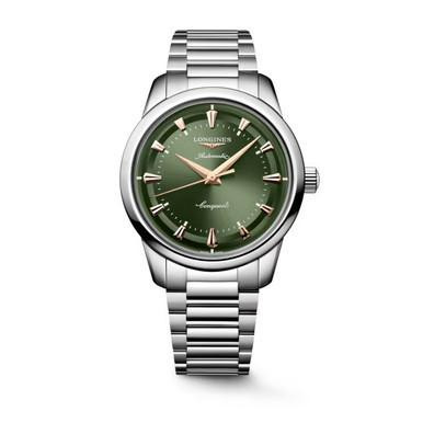 LONGINES Conquest Heritage [L1.650.4.02.6], luxury wristwatch with a green dial, silver-tone hands and hour markers, stainless steel case and bracelet.