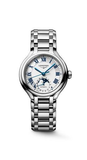 LONGINES Elegance PrimaLuna [L8.126.4.71.6], luxury stainless steel wristwatch with white dial, blue Roman numeral hour markers, and moonphase complication