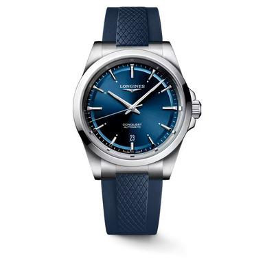 LONGINES Sport Conquest [L3.830.4.92.9] watch, wristwatch with a blue dial and a matching blue rubber strap.