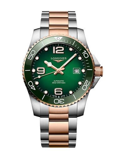 LONGINES Sport HydroConquest watch, luxury diver's watch with a green dial, stainless steel and rose gold bracelet, rotating bezel, date display, automatic movement, 300 meters water resistance.