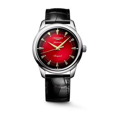 LONGINES Conquest Heritage [L1.651.4.09.2], wristwatch with a red dial, gold-tone hands and indices, stainless steel case, and black leather strap.