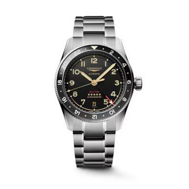LONGINES Avigation Spirit Zulu Time watch, stainless steel wristwatch with black dial, gold-tone accents, and a rotating bezel for GMT functionality.