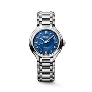 LONGINES Elegance PrimaLuna [L8.124.4.97.6], a luxury women's watch with a blue dial, diamond hour markers, and a stainless steel bracelet.