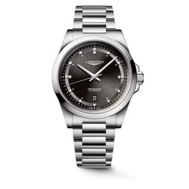 LONGINES Sport Conquest [L3.830.4.57.6], stainless steel wristwatch with black dial and silver-tone hands and markers.