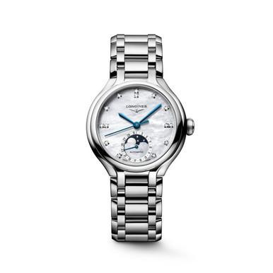 LONGINES Elegance PrimaLuna [L8.126.4.87.6], silver wristwatch with a mother-of-pearl dial, blue hands, and a moon phase complication, featuring a stainless steel bracelet.
