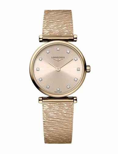 LONGINES Elegance La Grande Classique [L4.209.1.93.8], gold watch with a round dial and diamond hour markers on a textured gold strap.