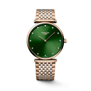 LONGINES Elegance Lyre [L4.866.1.08.7], luxury watch with a green dial, gold-tone case, and a gold and silver stainless steel bracelet.
