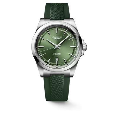 LONGINES Sport Conquest [L3.830.4.02.9], green dial men's wristwatch with stainless steel case and green textured strap.