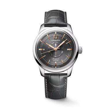 LONGINES Conquest Heritage [L1.648.4.62.2], luxury wristwatch with a dark grey dial, rose gold-tone hands and markers, stainless steel case, and black leather strap.