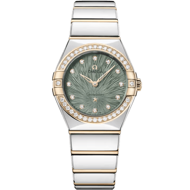 OMEGA Constellation 28mm watch, elegant design with a green dial, diamond hour markers, and a two-tone stainless steel and gold bracelet.