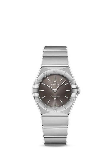OMEGA Constellation Quartz 28mm, silver watch with a round dark dial and a stainless steel bracelet.