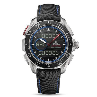 OMEGA Speedmaster X-33 Marstimer, a professional wristwatch with a black dial, digital and analog display, and a textured black strap with blue stitching.