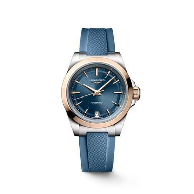 LONGINES Sport Conquest L3.430.5.92.9 watch, blue dial with silver and rose gold accents and a blue textured strap.