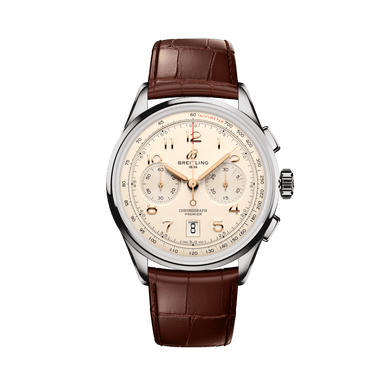 BREITLING Premier B01 Chronograph 42 [AB0145211G1P2], a luxury men's wristwatch with a round silver dial, chronograph subdials, date display, and a brown leather strap.