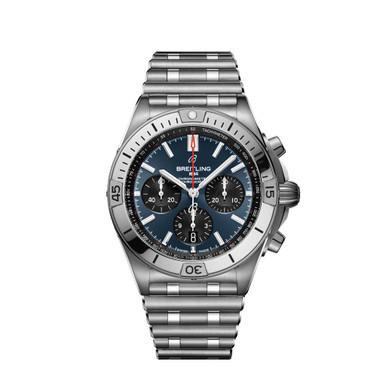 BREITLING Chronomat B01 42 [AB0134101C1A1], stainless steel wristwatch with blue dial, chronograph features, and a stainless steel bracelet.
