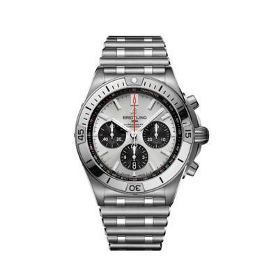 Breitling Chronomat B01 42, stainless steel wristwatch with silver dial, black sub-dials, and chronograph features.