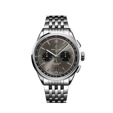 Breitling Premier B01 Chronograph 42, luxury stainless steel wristwatch with a silver dial, chronograph subdials, and date display.