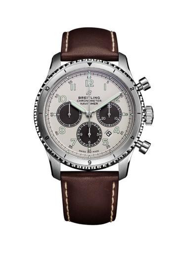 BREITLING Aviator 8 B01 Chronograph 43, wristwatch with a silver dial, chronograph sub-dials, and a brown leather strap.
