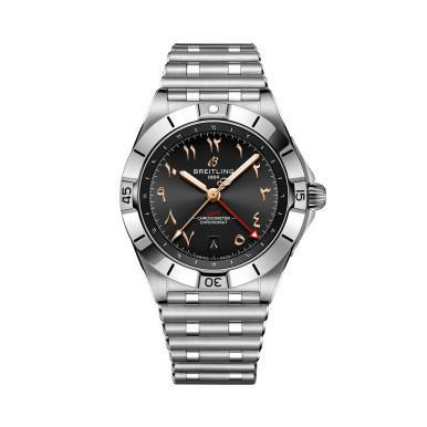 BREITLING Chronomat GMT 40, a luxury men's wristwatch with a black dial, silver bezel, and stainless steel bracelet.