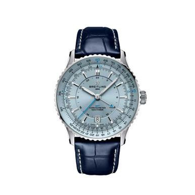 BREITLING Navitimer Automatic GMT 41, watch with a blue dial, chronograph features, and a blue leather strap.