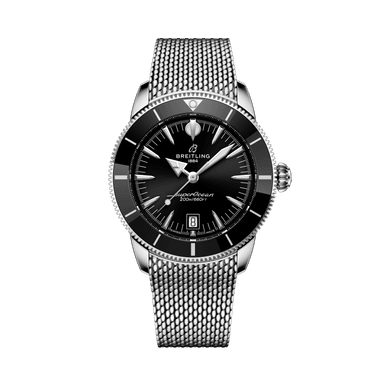 BREITLING S. Heritage B31 Automatic 42, watch with black dial, stainless steel mesh bracelet, and date display at 6 o'clock.