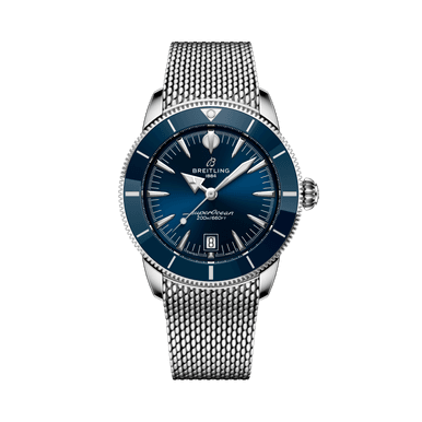 BREITLING S. Heritage B31 Automatic 42 [AB3111161C1A1], close-up image of a luxury wristwatch with a blue dial, silver mesh bracelet, and automatic movement display.