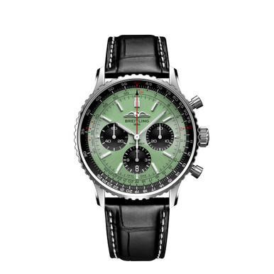 Breitling Navitimer B01 Chronograph 43 [AB0138241L1P1], close-up of the wristwatch featuring a green dial, black subdials, and a black leather strap.