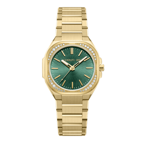 CERRUTI 1881 WATCH, gold-tone wristwatch with green dial and diamond-studded bezel.