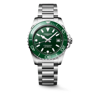 LONGINES Longines HydroConquest [L3.779.4.06.6], wristwatch with green dial, stainless steel case and bracelet, unidirectional bezel, and date display.
