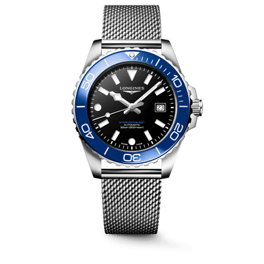LONGINES Longines HydroConquest [L3.788.4.90.6], wristwatch with a black dial, blue rotating bezel, and stainless steel mesh bracelet.