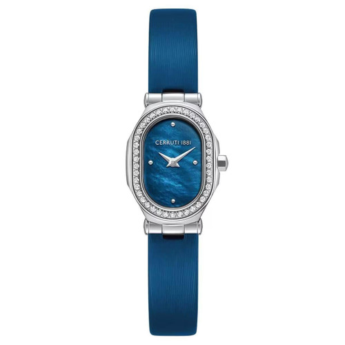 CERRUTI 1881 WATCH [CIWLA0097301], blue oval dial watch with silver-tone hands and silver case, surrounded by a ring of clear crystals, with a matching blue strap.