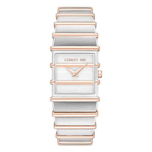 CERRUTI 1881 WATCH [CIWLG0052203], Elegant two-tone silver and rose gold wristwatch with rectangular dial, minimalist design, and a sleek metal band.