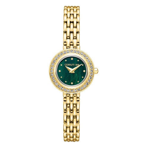 CERRUTI 1881 WATCH [CIWLG0073003], a luxurious gold watch with a green dial, surrounded by a ring of sparkling crystals, and a matching gold bracelet.