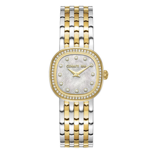 CERRUTI 1881 WATCH [CIWLG0072911], luxury women's wristwatch with a two-tone gold and silver bracelet, gold bezel encrusted with crystals, and a mother-of-pearl dial with crystal hour markers.