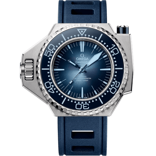 Omega Seamaster Ploprof 1200M 55 mm, luxury dive watch with blue dial and strap, stainless steel case, rotating bezel, and water resistance for professional diving.
