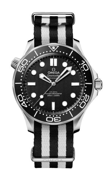 Omega Seamaster Diver 300M 42 mm, close-up view of the black dial watch with white markers, rotating bezel, and striped fabric strap.