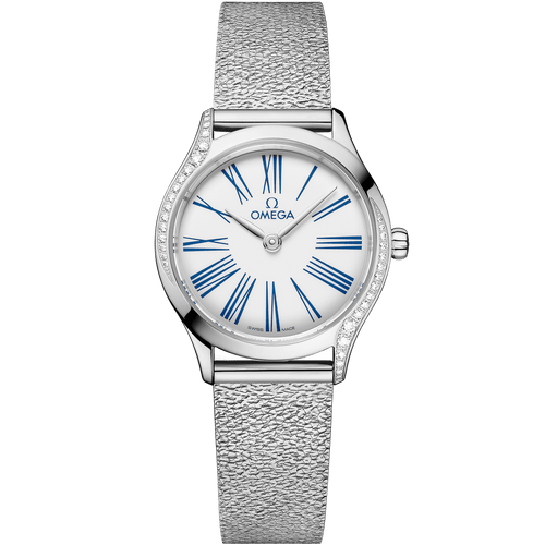 OMEGA De Ville Mini Trésor 26 mm, luxurious women's wristwatch with a white dial, blue Roman numeral hour markers, and a silver textured strap.