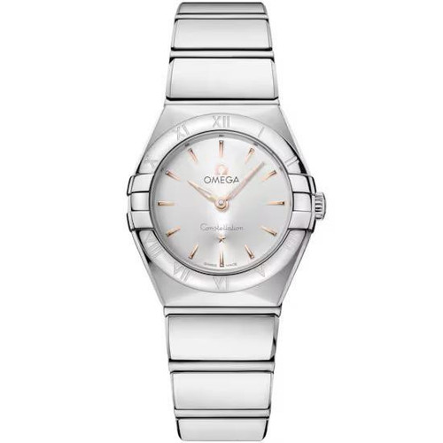 OMEGA Constellation 25 mm watch, stainless steel wristwatch with a silver dial and rose gold accents, featuring Roman numeral markers on the bezel.