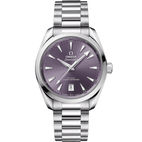 OMEGA Seamaster 38 mm, stylish wristwatch with purple dial, silver hour markers and hands, date display at 6 o'clock, stainless steel bracelet and case.