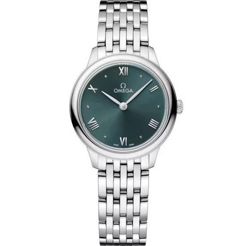 OMEGA De Ville 28 mm, Elegant women's wristwatch with a stainless steel bracelet and a green dial featuring Roman numeral hour markers.