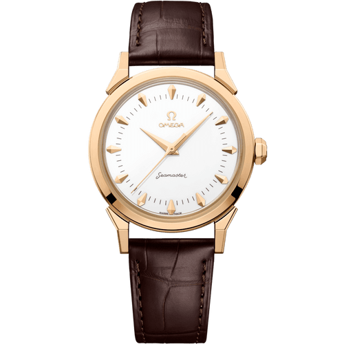 Omega Seamaster 37 mm watch, elegant timepiece with a gold case, white dial, gold markers, and brown leather strap.